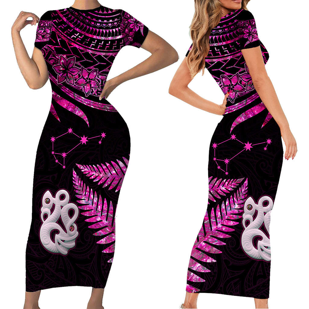 Matariki New Zealand Short Sleeve Body Long Dress Manaia with Paua Shell - Pink LT9 - Polynesian Pride