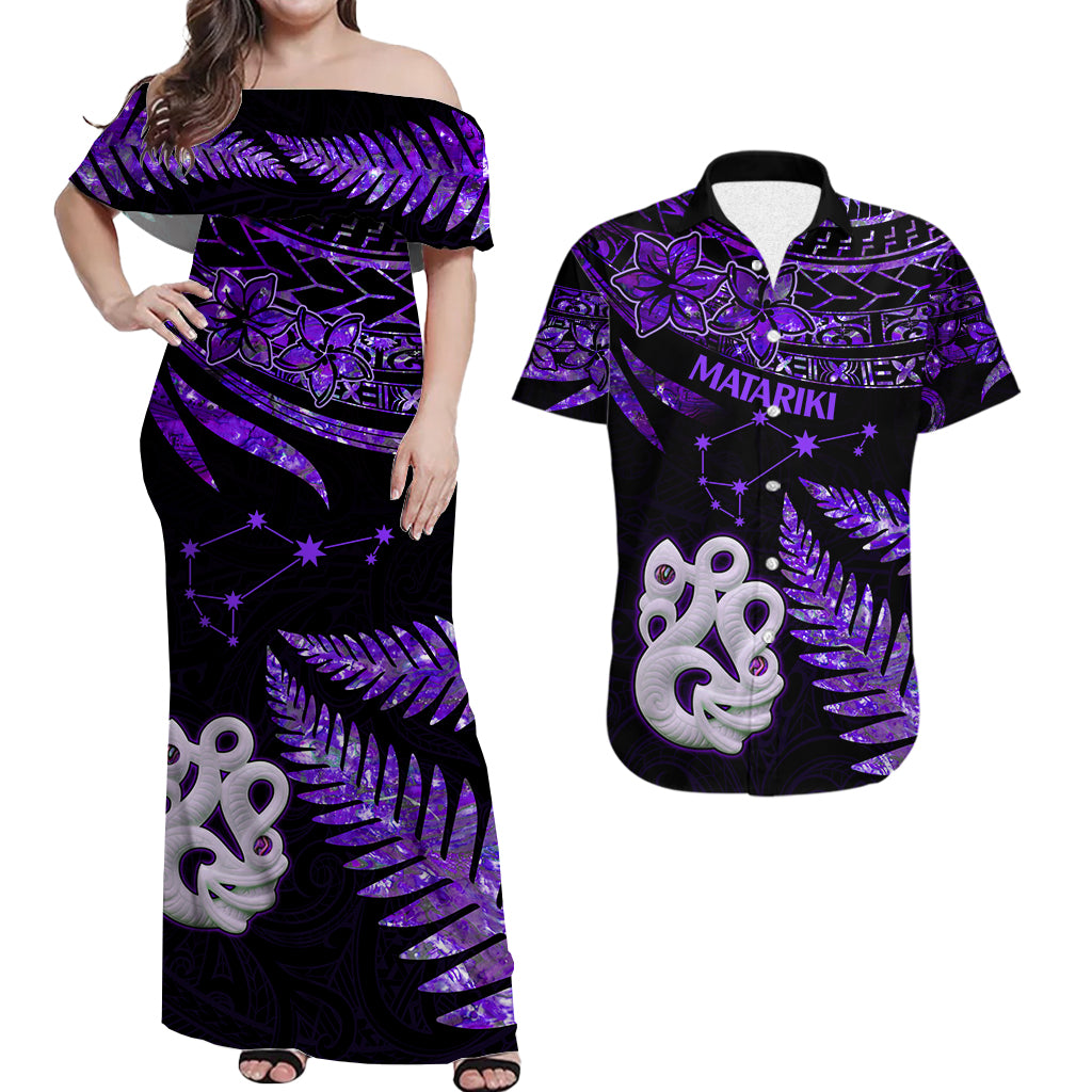 Matching Outfits For Couples Maori Couples Long Dress and Hawaiian Shirt Matariki Stars Manaia with Paua Shell - Purple LT9 Purple - Polynesian Pride