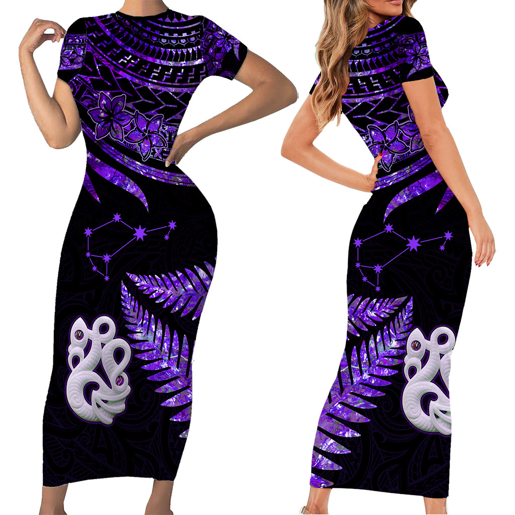 Matariki New Zealand Short Sleeve Body Long Dress Manaia with Paua Shell - Purple LT9 - Polynesian Pride