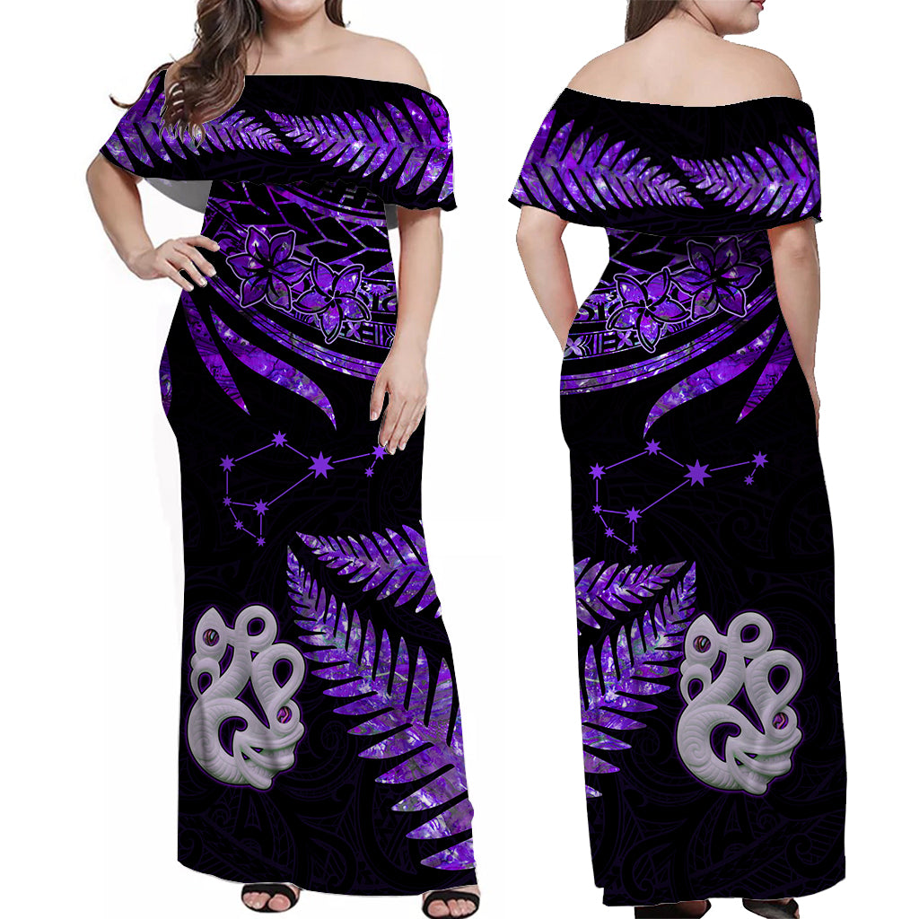 Matariki New Zealand Off Shoulder Long Dress Manaia with Paua Shell - Purple LT9 Women Purple - Polynesian Pride