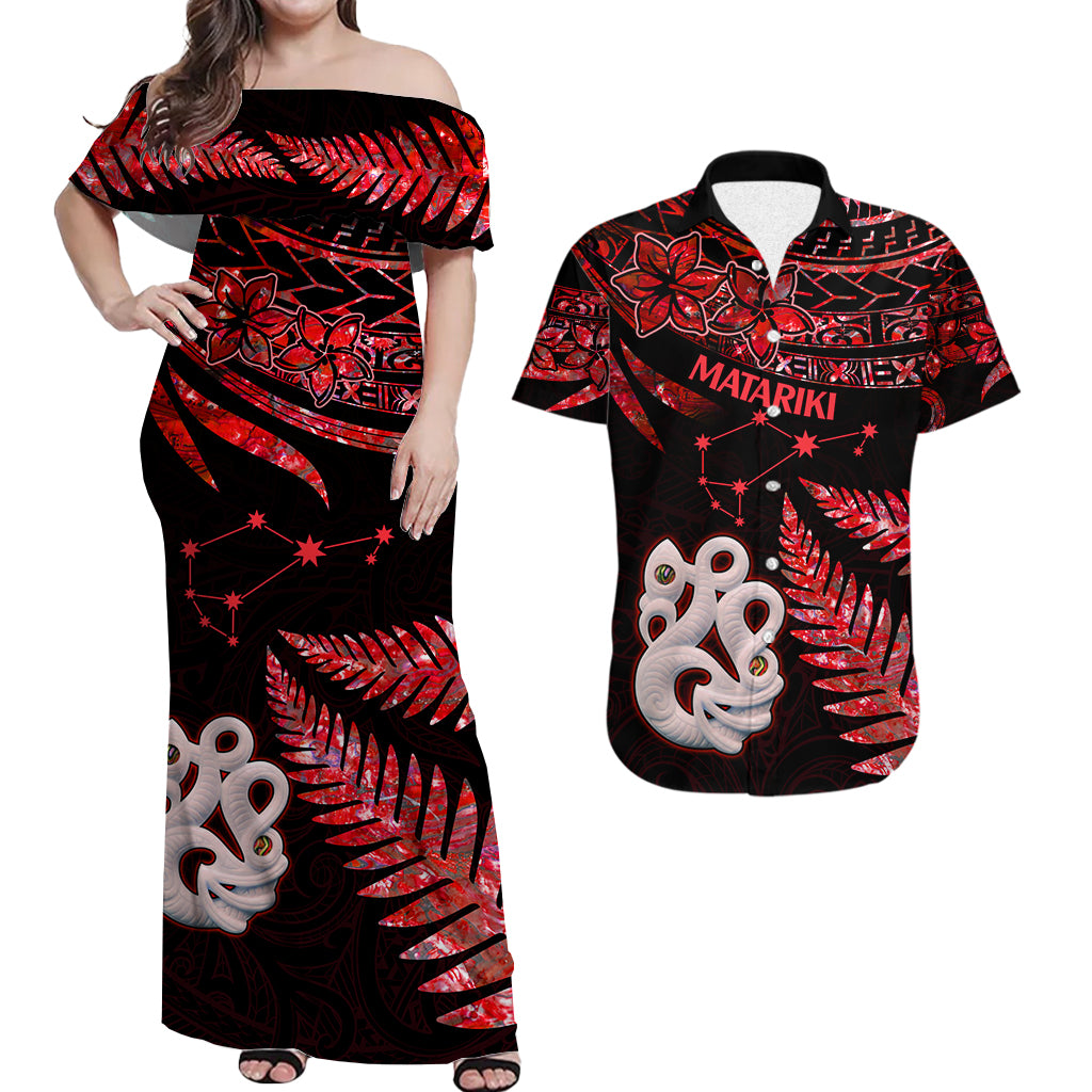 Matching Outfits For Couples Maori Couples Long Dress and Hawaiian Shirt Matariki Stars Manaia with Paua Shell - Red LT9 Red - Polynesian Pride