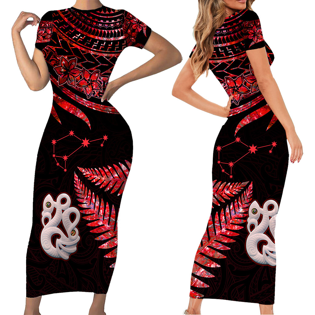 Matariki New Zealand Short Sleeve Body Long Dress Manaia with Paua Shell - Red LT9 - Polynesian Pride