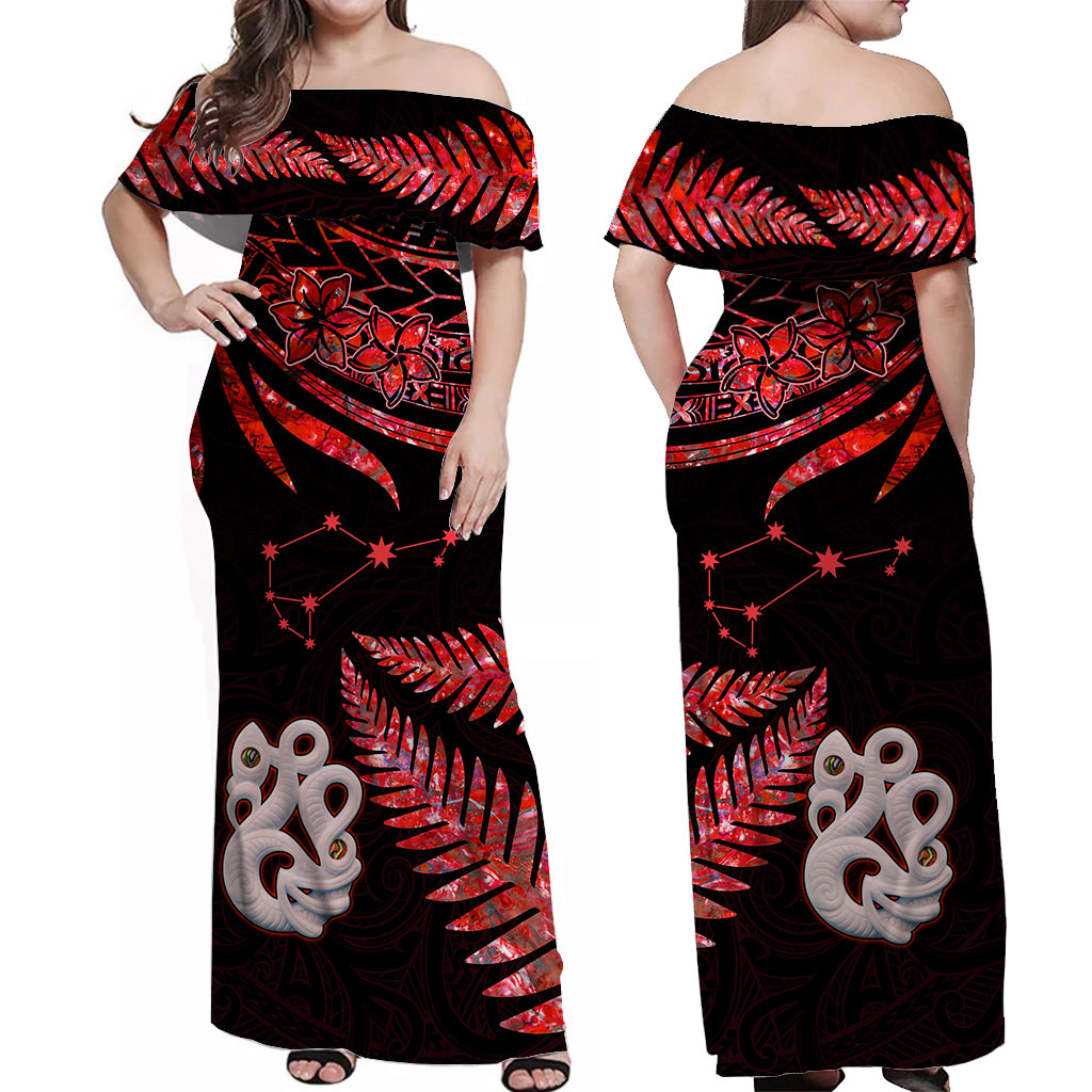 Matariki New Zealand Off Shoulder Long Dress Manaia with Paua Shell - Red LT9 Women Red - Polynesian Pride