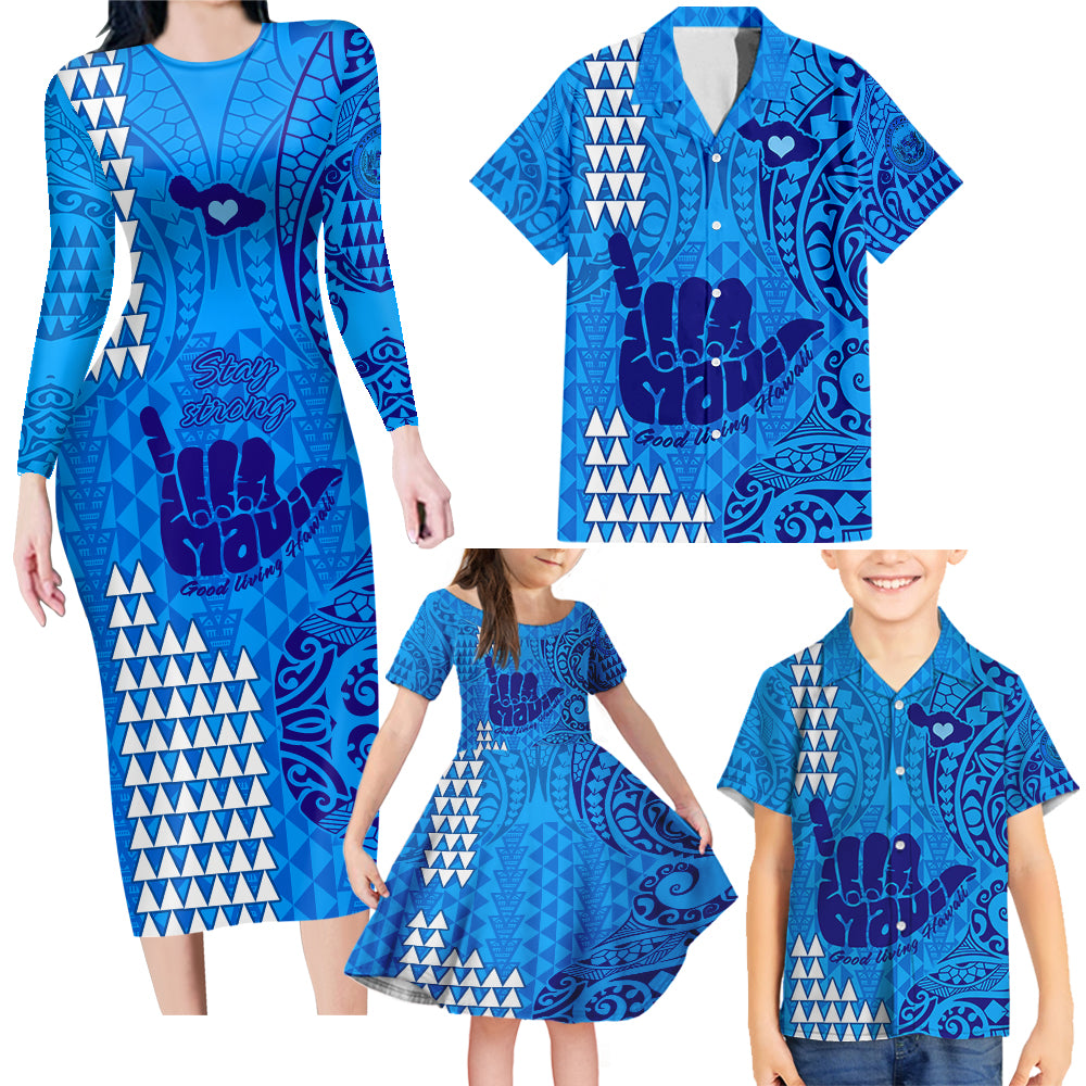 Strong Maui Family Matching Long Sleeve Bodycon Dress and Hawaiian Shirt Good Living Hawaii with Shaka Sign Kakau Tribal Blue LT9 Blue - Polynesian Pride