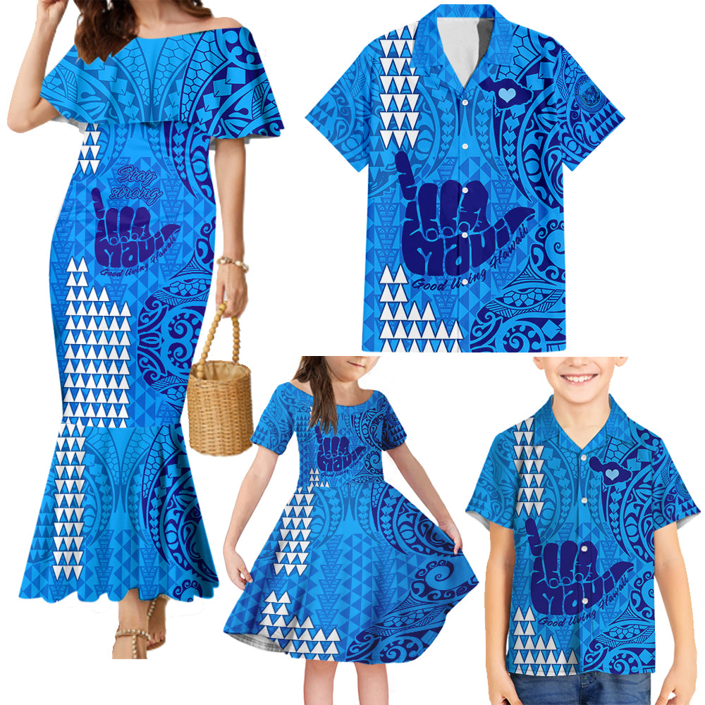 Strong Maui Family Mermaid Dress and Hawaiian Shirt Good Living Hawaii with Shaka Sign Kakau Tribal Blue LT9 Blue - Polynesian Pride