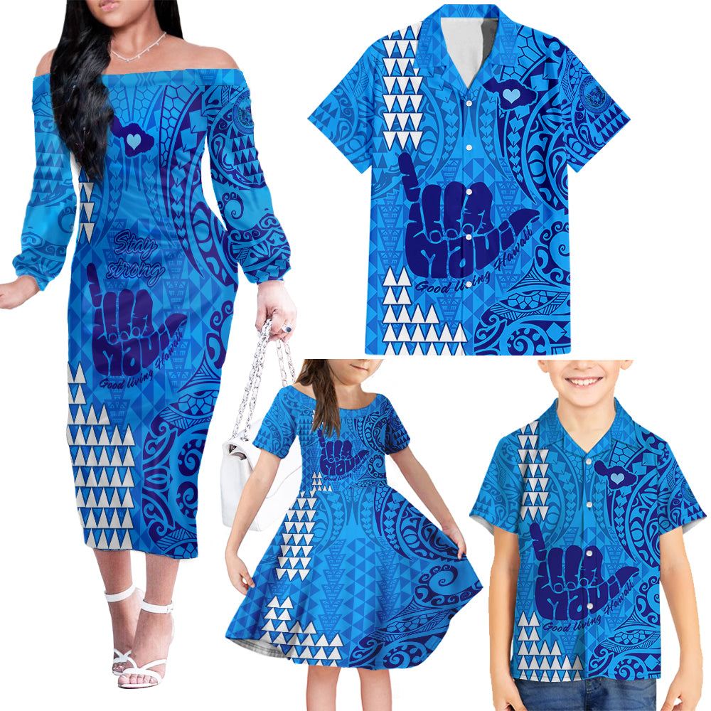 Strong Maui Family Matching Off Shoulder Long Sleeve Dress and Hawaiian Shirt Good Living Hawaii with Shaka Sign Kakau Tribal Blue LT9 Blue - Polynesian Pride