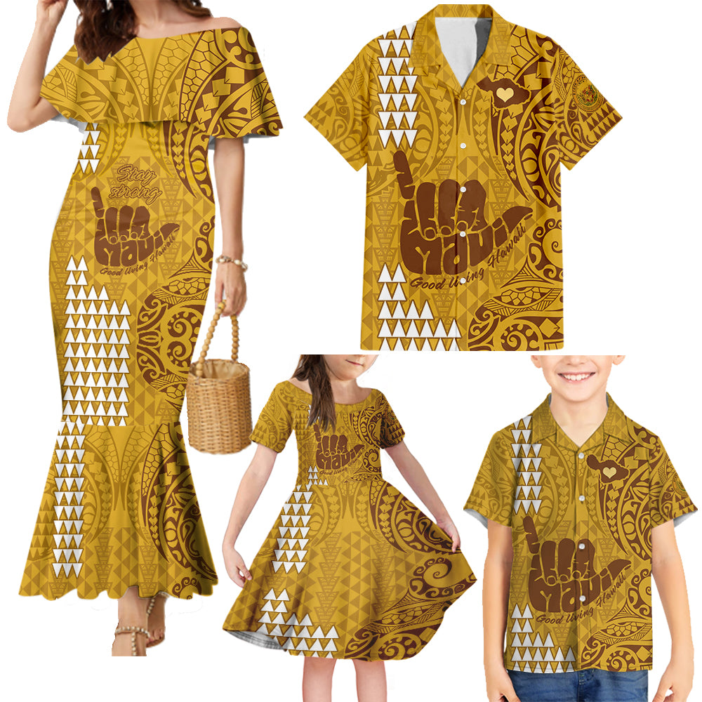 Strong Maui Family Mermaid Dress and Hawaiian Shirt Good Living Hawaii with Shaka Sign Kakau Tribal Gold LT9 Gold - Polynesian Pride