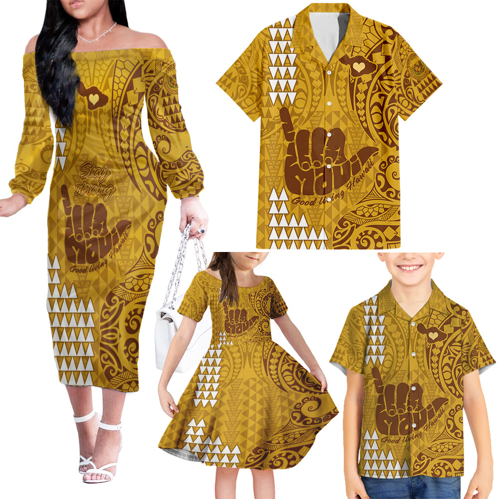 Strong Maui Family Matching Off Shoulder Long Sleeve Dress and Hawaiian Shirt Good Living Hawaii with Shaka Sign Kakau Tribal Gold LT9 Gold - Polynesian Pride