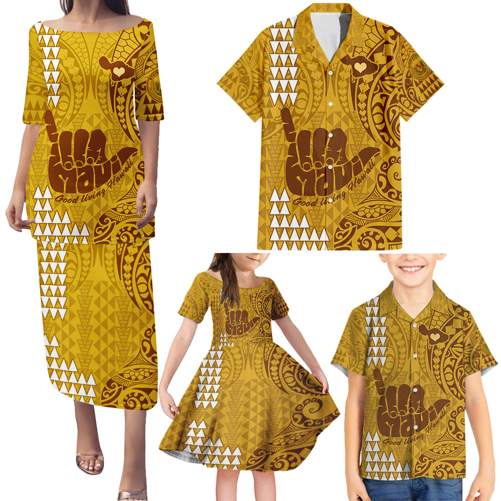 Strong Maui Family Matching Puletasi Dress and Hawaiian Shirt Good Living Hawaii with Shaka Sign Kakau Tribal Gold LT9 Gold - Polynesian Pride