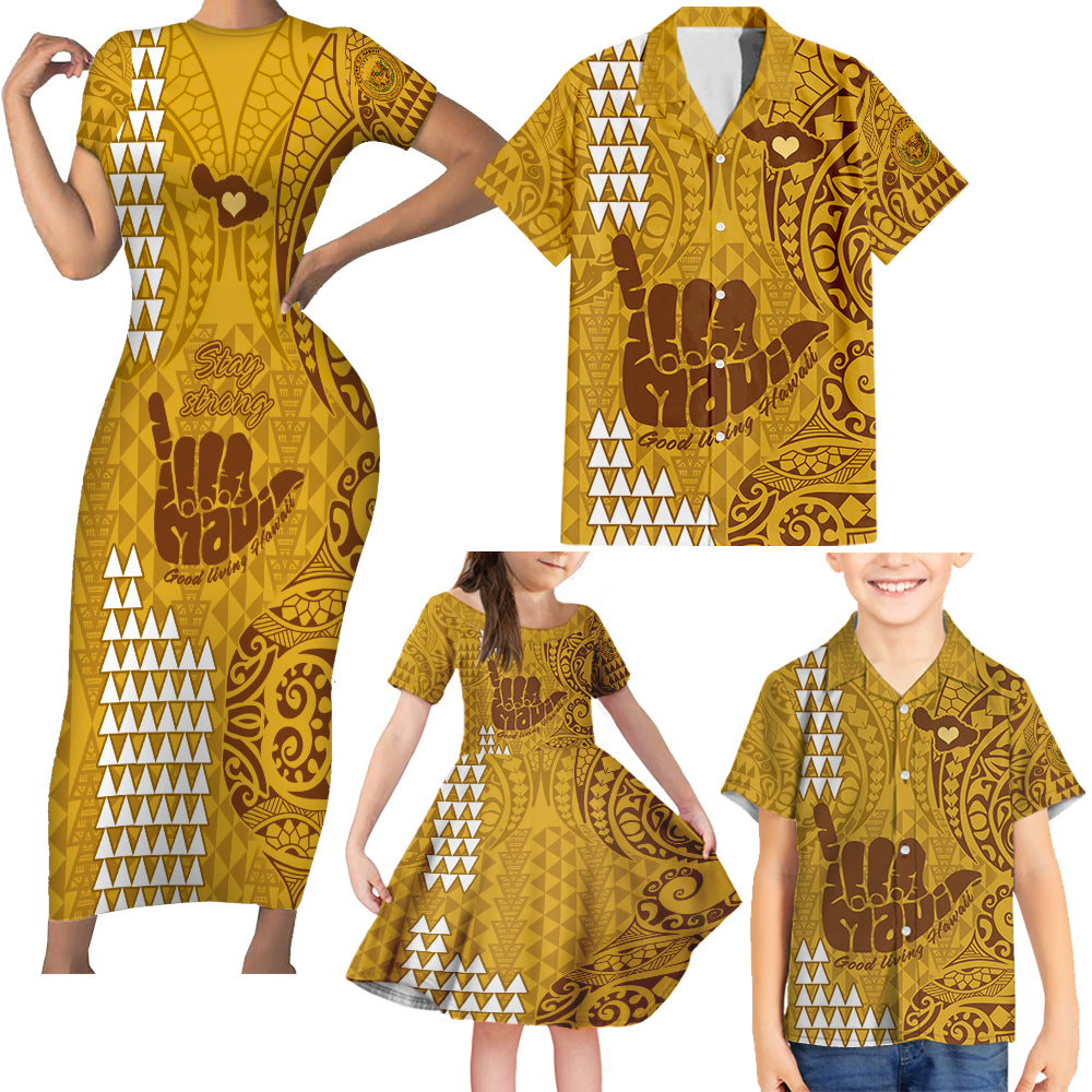 Strong Maui Family Matching Short Sleeve Bodycon Dress and Hawaiian Shirt Good Living Hawaii with Shaka Sign Kakau Tribal Gold LT9 Gold - Polynesian Pride