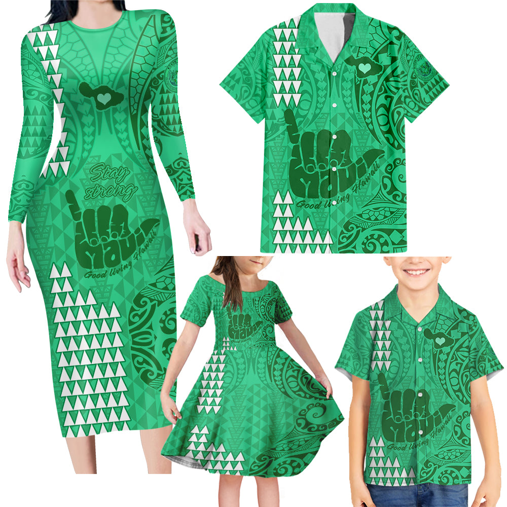 Strong Maui Family Matching Long Sleeve Bodycon Dress and Hawaiian Shirt Good Living Hawaii with Shaka Sign Kakau Tribal Green LT9 Green - Polynesian Pride