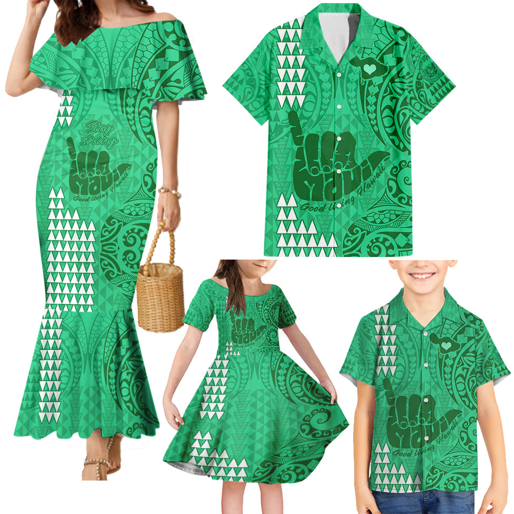 Strong Maui Family Matching Mermaid Dress and Hawaiian Shirt Good Living Hawaii with Shaka Sign Kakau Tribal Green LT9 Green - Polynesian Pride