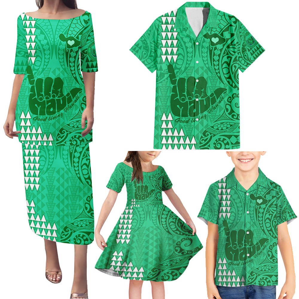 Strong Maui Family Puletasi Dress and Hawaiian Shirt Good Living Hawaii with Shaka Sign Kakau Tribal Green LT9 Green - Polynesian Pride