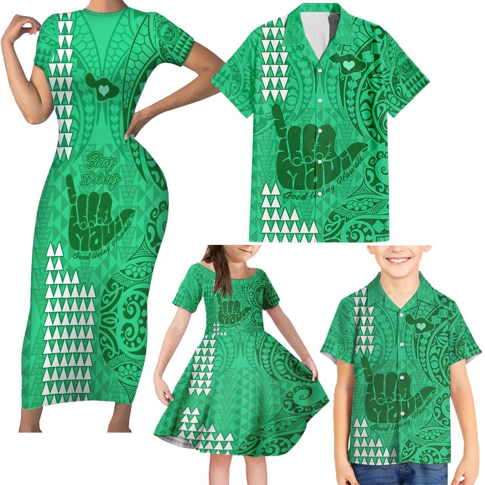 Strong Maui Family Matching Short Sleeve Bodycon Dress and Hawaiian Shirt Good Living Hawaii with Shaka Sign Kakau Tribal Green LT9 Green - Polynesian Pride