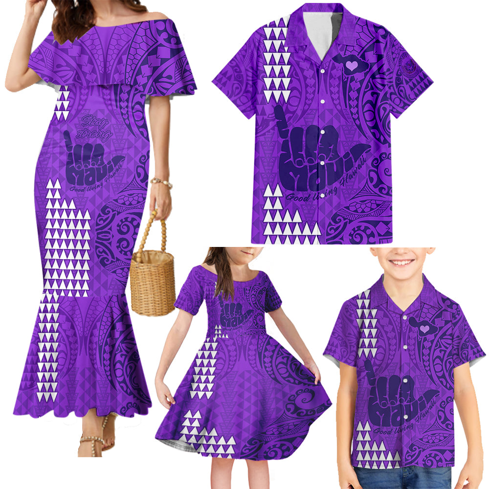 Strong Maui Family Mermaid Dress and Hawaiian Shirt Good Living Hawaii with Shaka Sign Kakau Tribal Purple LT9 Purple - Polynesian Pride