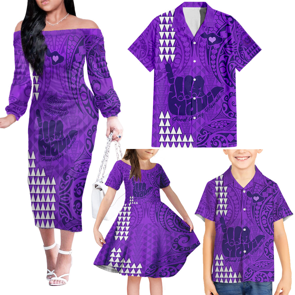 Strong Maui Family Matching Off Shoulder Long Sleeve Dress and Hawaiian Shirt Good Living Hawaii with Shaka Sign Kakau Tribal Purple LT9 Purple - Polynesian Pride