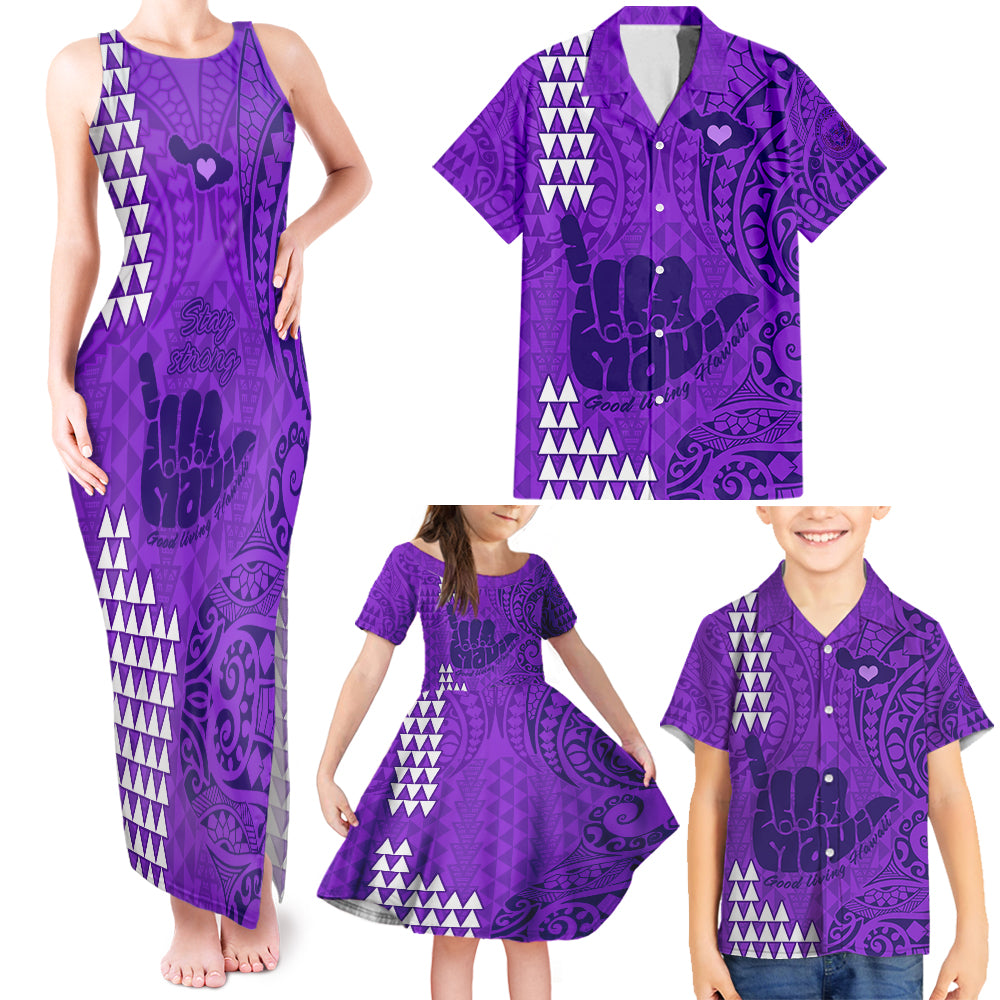 Strong Maui Family Matching Tank Maxi Dress and Hawaiian Shirt Good Living Hawaii with Shaka Sign Kakau Tribal Purple LT9 Purple - Polynesian Pride