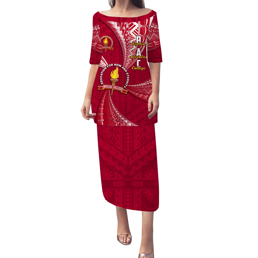 Personalised Tonga Beulah College Puletasi Dress Class Of Year Tongan Ngatu Pattern LT14 Long Dress Red - Polynesian Pride