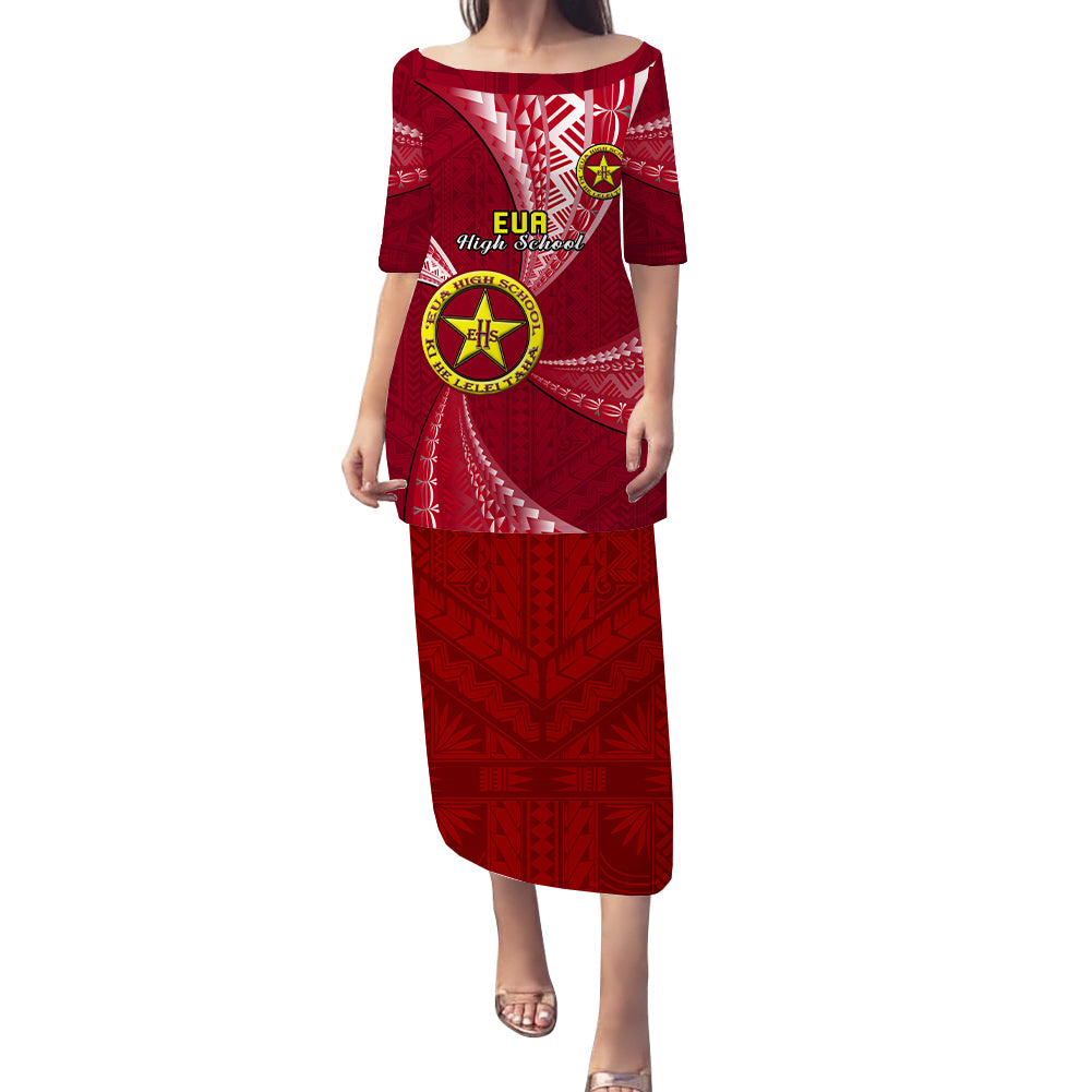 Personalised Tonga Eua High School Puletasi Dress Tongan Ngatu Pattern LT14 Long Dress Red - Polynesian Pride