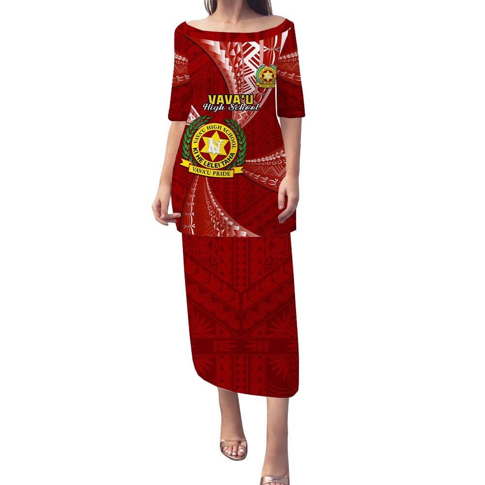 Personalised Tonga Vavau High School Puletasi Dress Tongan Ngatu Pattern LT14 Long Dress Maroon - Polynesian Pride