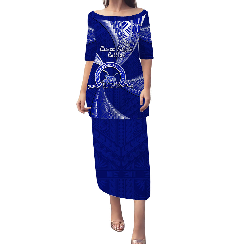 Personalised Tonga Queen Salote College Puletasi Dress Tongan Ngatu Pattern LT14 Long Dress Blue - Polynesian Pride