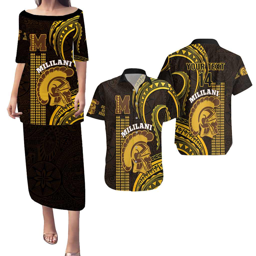 Personalised Matching Outfit For Couples Hawaii Mililani High School Puletasi Dress and Hawaiian Shirt Polynesian Kakau Pattern LT14 Gold - Polynesian Pride