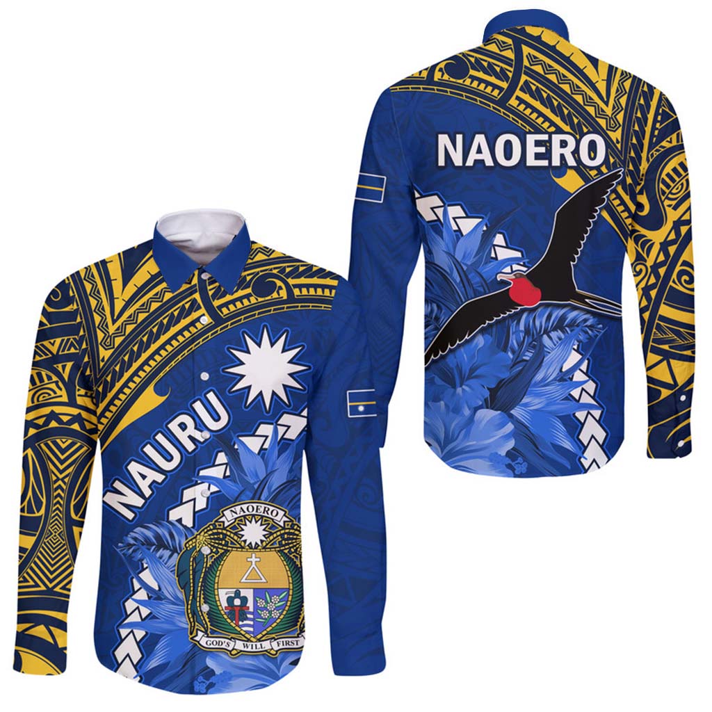 Nauru Coat of Arms Hawaii Long Sleeve Button Shirt Polynesian With Frigatebird LT9 - Polynesian Pride