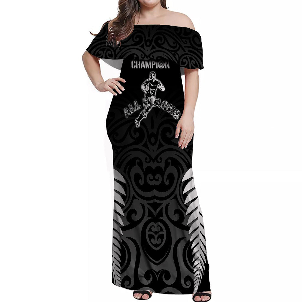 New Zealand Off Shoulder Long Dress All Black Champion LT7 Polynesian Pride