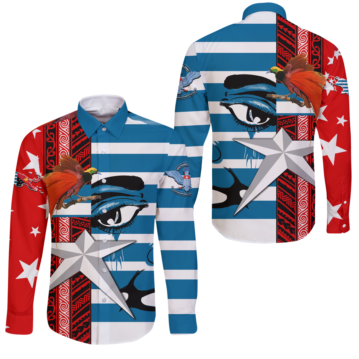 Free West Papua Birds Of Paradise Polynesia Long Sleeve Button Shirt - LT2 Unisex BLUE - Polynesian Pride