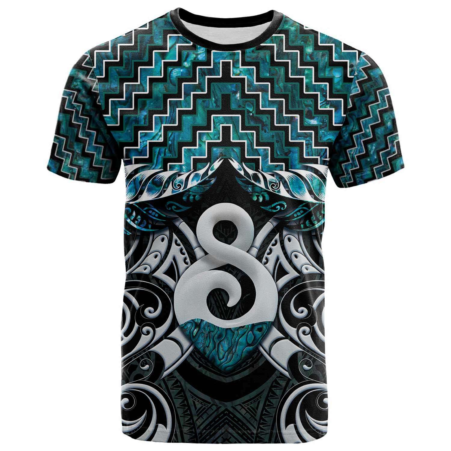New Zealand Maori T Shirt Poutama Pikorua - Single Twist Turquoise Paua Shell LT05 Turquoise - Polynesian Pride