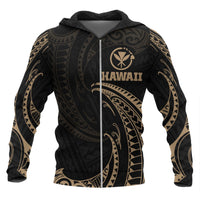 Hawaii Polynesian Hoodie - Gold Tribal Wave Zip Hoodie Black - Polynesian Pride