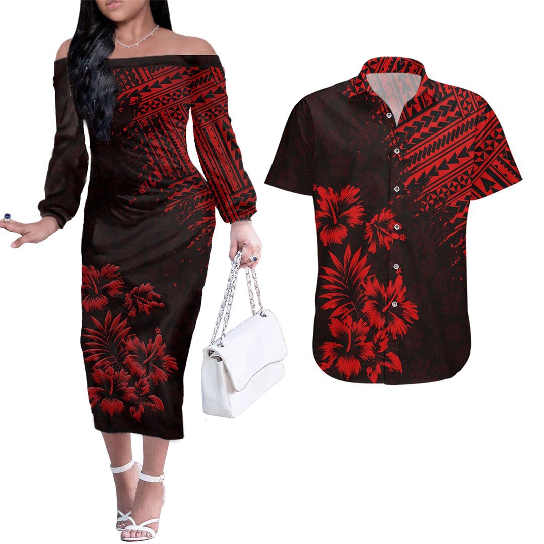 Hawaii Summer Couples Matching Outfits Combo Long Sleeve Dress Mix Polynesian Black-Red LT6 Red - Polynesian Pride
