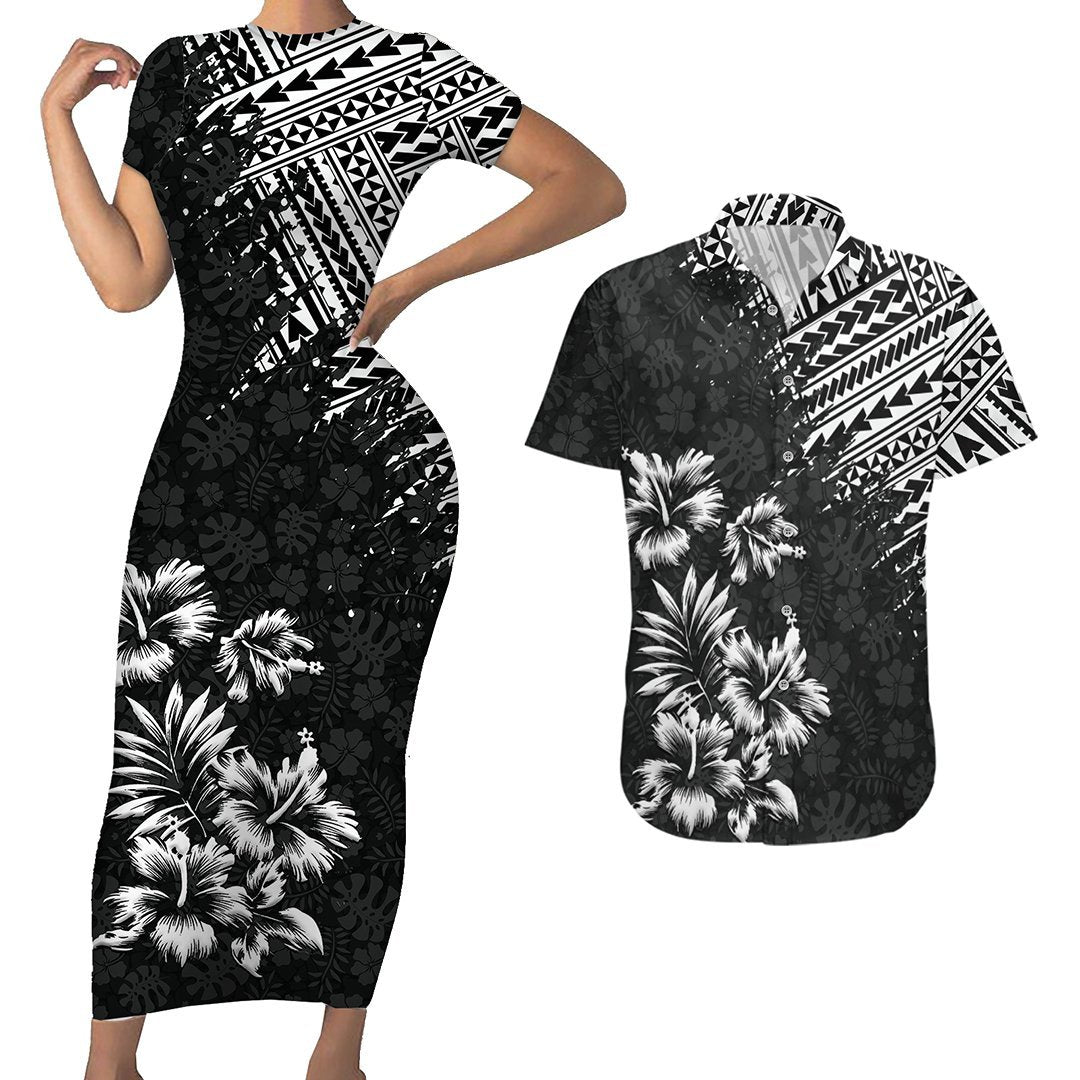 Hawaii Summer Couples Matching Outfits Combo Bodycon Dress And Hawaii Shirt Mix Polynesian Black LT6 4XL - Polynesian Pride