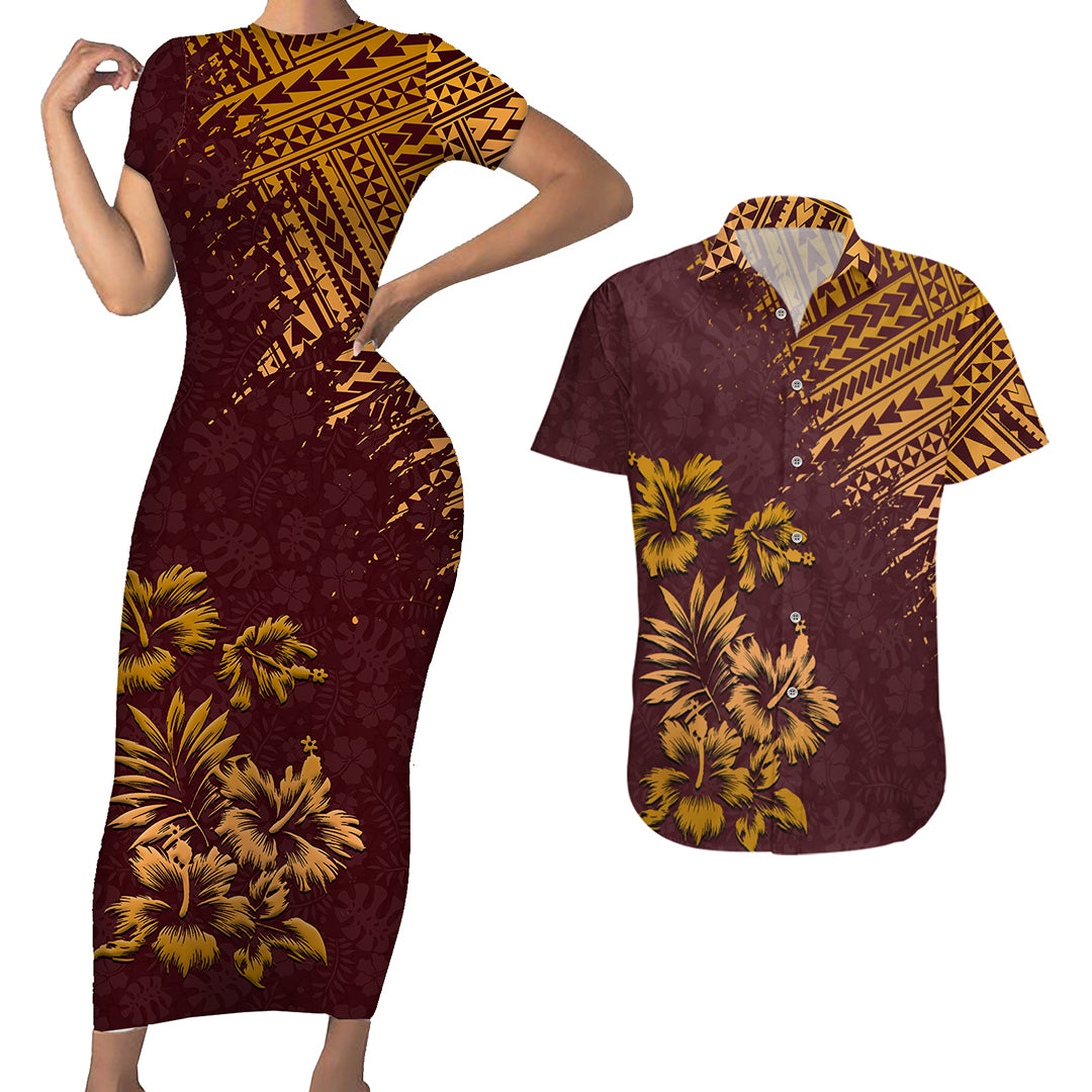 Hawaii Summer Couples Matching Outfits Combo Bodycon Dress And Hawaii Shirt Mix Polynesian Brown LT6 - Polynesian Pride