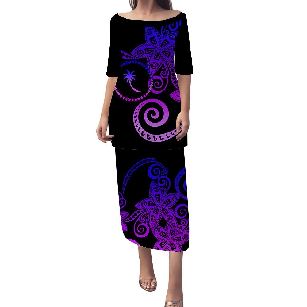 Chuuk Plumeria Polynesian Tribal Puletasi Dress - LT12 Long Dress Black - Polynesian Pride