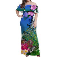 South Sea Islanders Kanakas Hibiscus Polynesia Off Shoulder Long Dress - LT2 Women BLUE - Polynesian Pride
