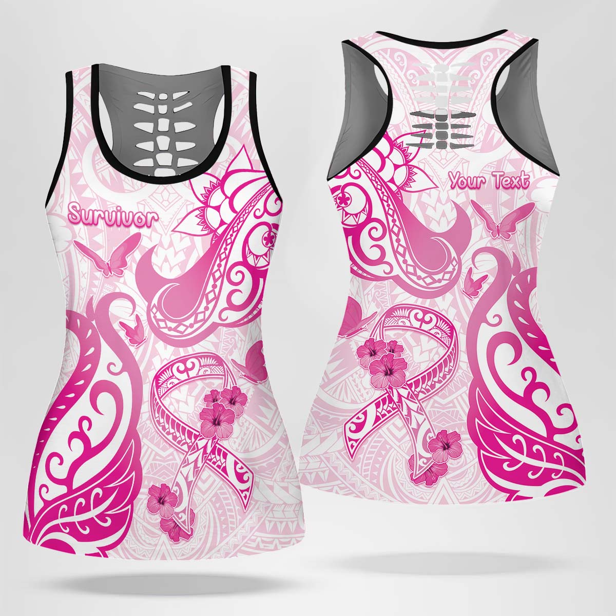 Personalised Breast Cancer Awareness Hollow Tank Top Ribbon Polynesian Pattern White Version LT05