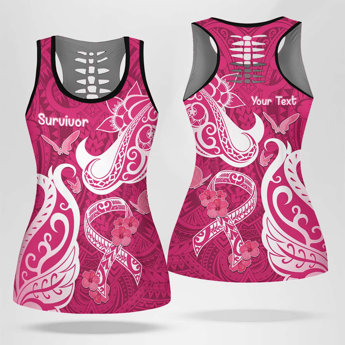 Personalised Breast Cancer Awareness Hollow Tank Top Ribbon Polynesian Pattern Pink Version LT05 Female Pink - Polynesian Pride