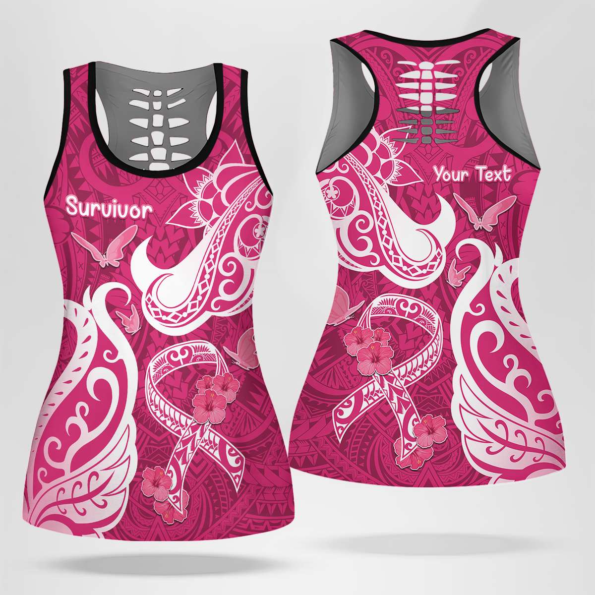 Personalised Breast Cancer Awareness Hollow Tank Top Ribbon Polynesian Pattern Pink Version LT05