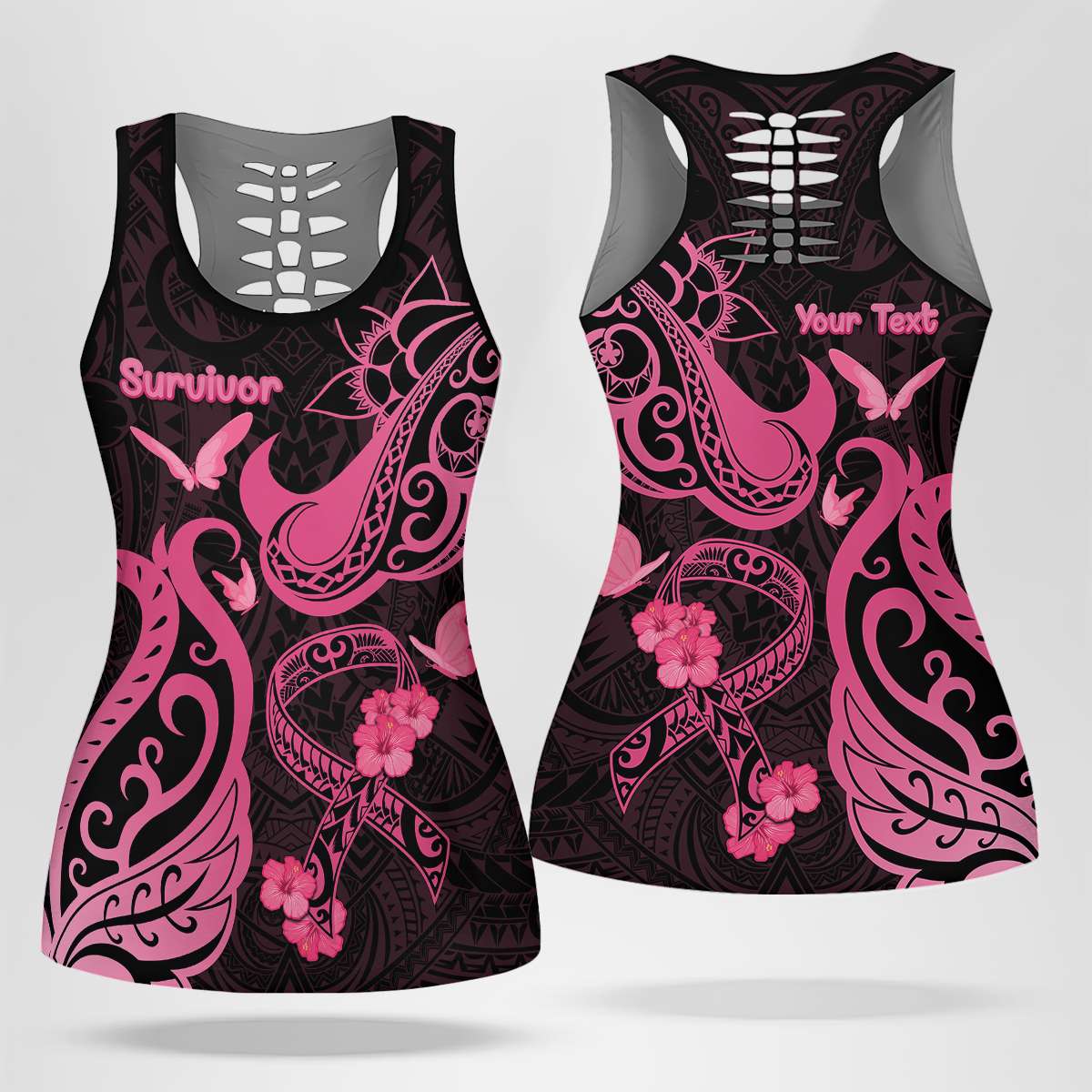 Personalised Breast Cancer Awareness Hollow Tank Top Ribbon Polynesian Pattern Black Version LT05 Female Black - Polynesian Pride
