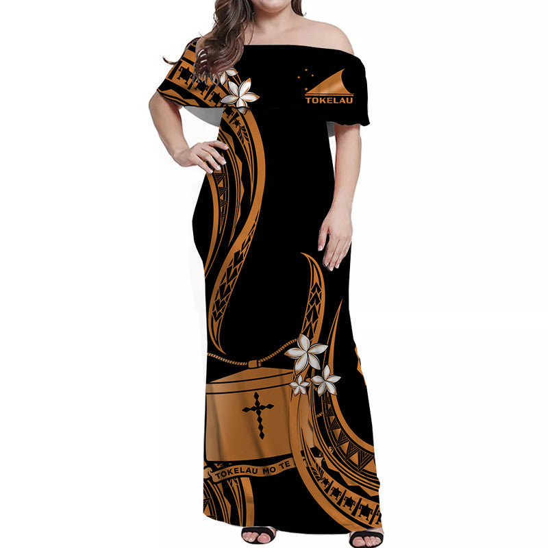 Tokelau Off Shoulder Long Dress Tokelauan Tatau With Badge Gold LT14 Women Gold - Polynesian Pride