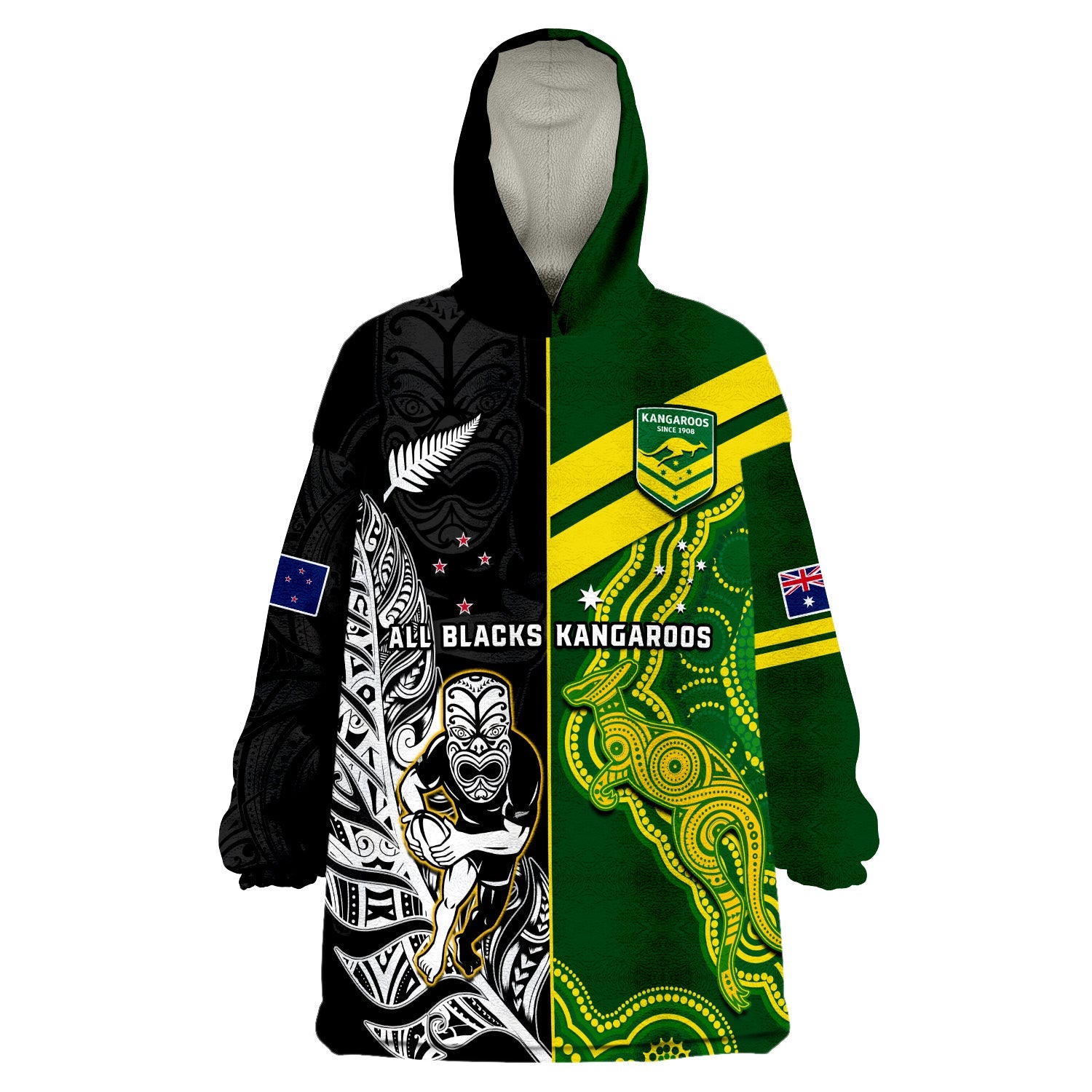 (Custom Personalised) Australia Kangaroos And All Black Rugby Wearable Blanket Hoodie Aboriginal Mix NZ Maori Fern LT14 Unisex One Size - Polynesian Pride