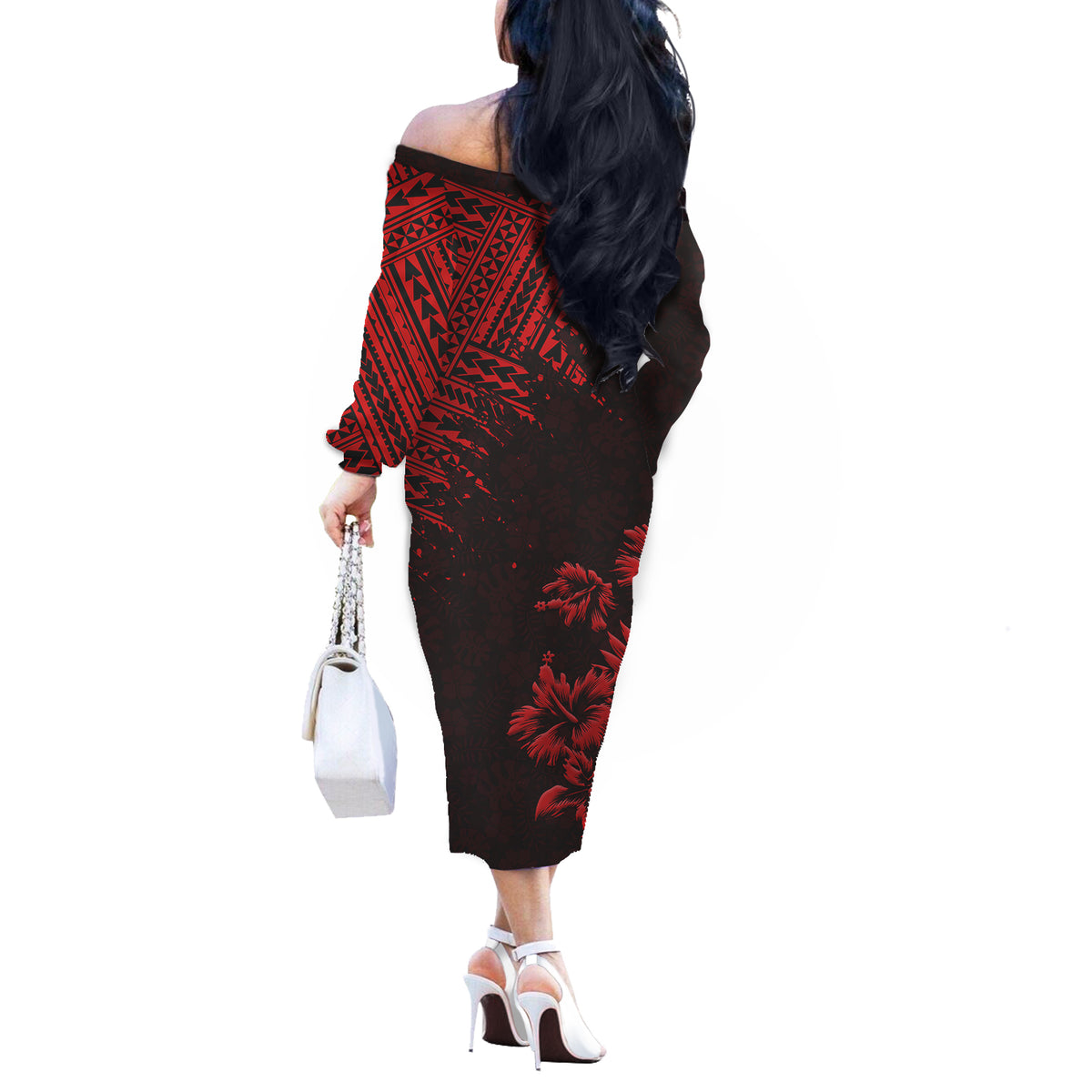 Hawaii Summer Couples Matching Outfits Combo Long Sleeve Dress Mix Polynesian Black-Red LT6 - Polynesian Pride