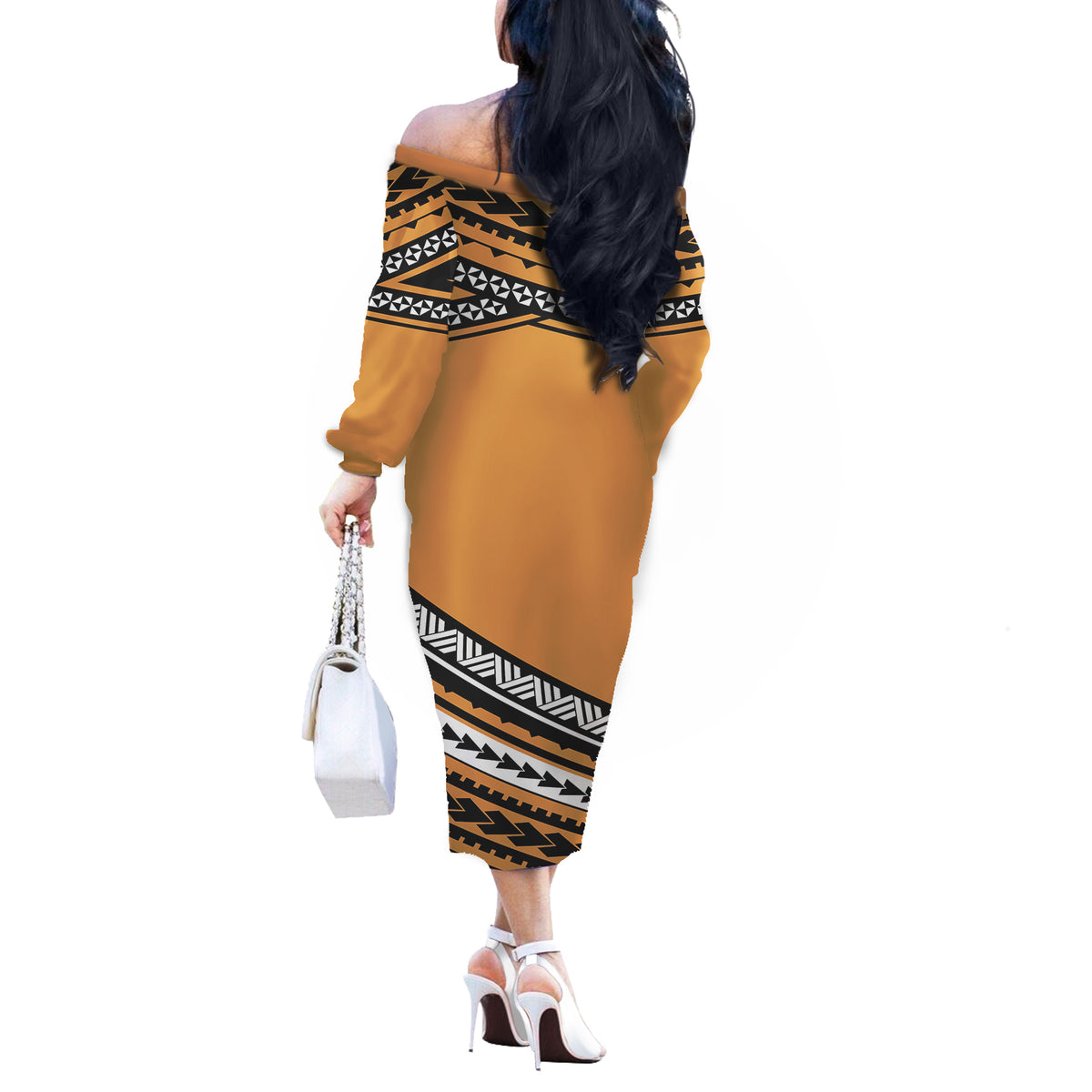 Polynesian Off Shoulder Long Sleeves Dress Simple Gold No.1 LT6 - Polynesian Pride