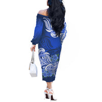 Polynesian Floral Tribal Off Shoulder Long Sleeves Dress Blue LT9 - Polynesian Pride