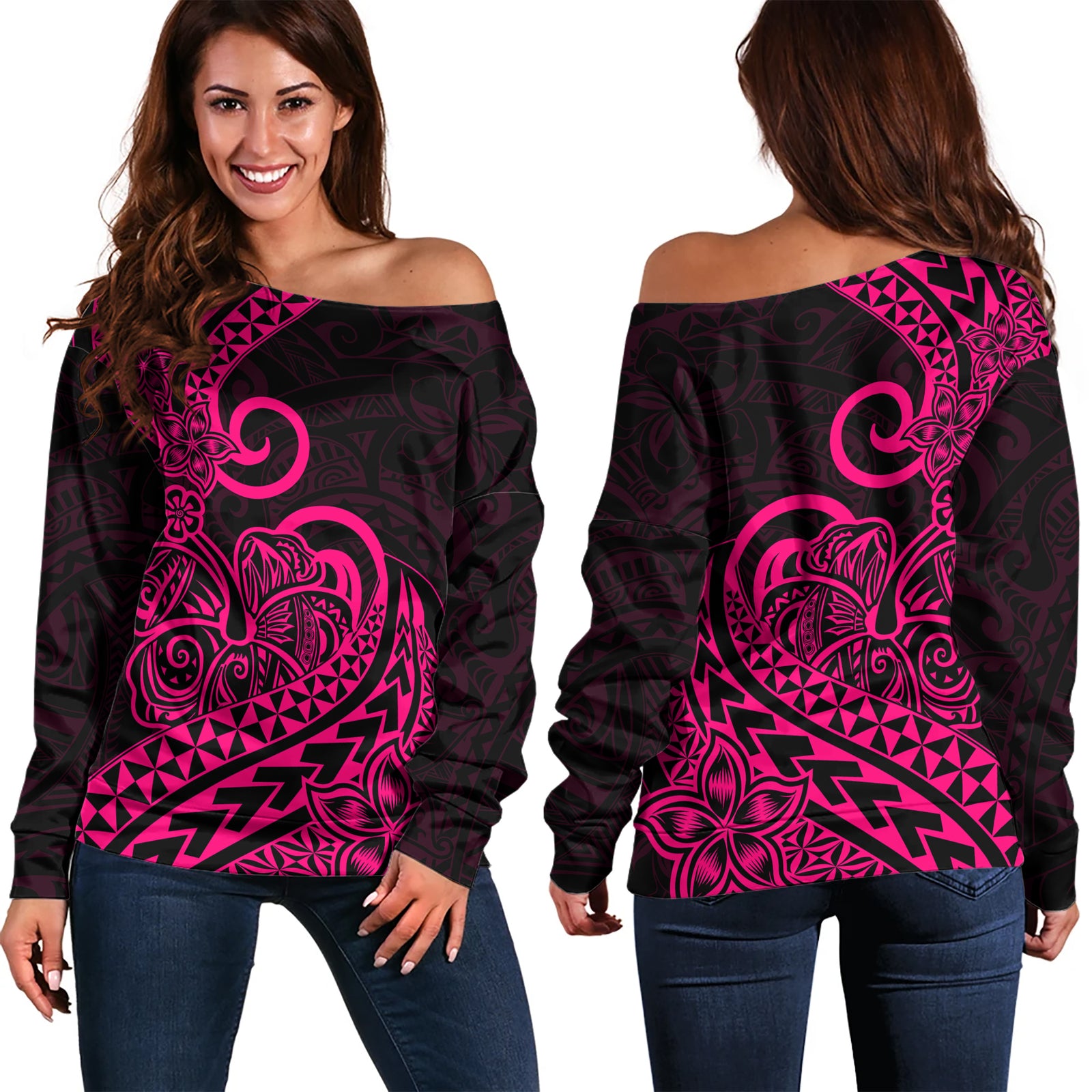 Polynesian Tribal Tattoo Off Shoulder Sweater Pink LT9 - Polynesian Pride