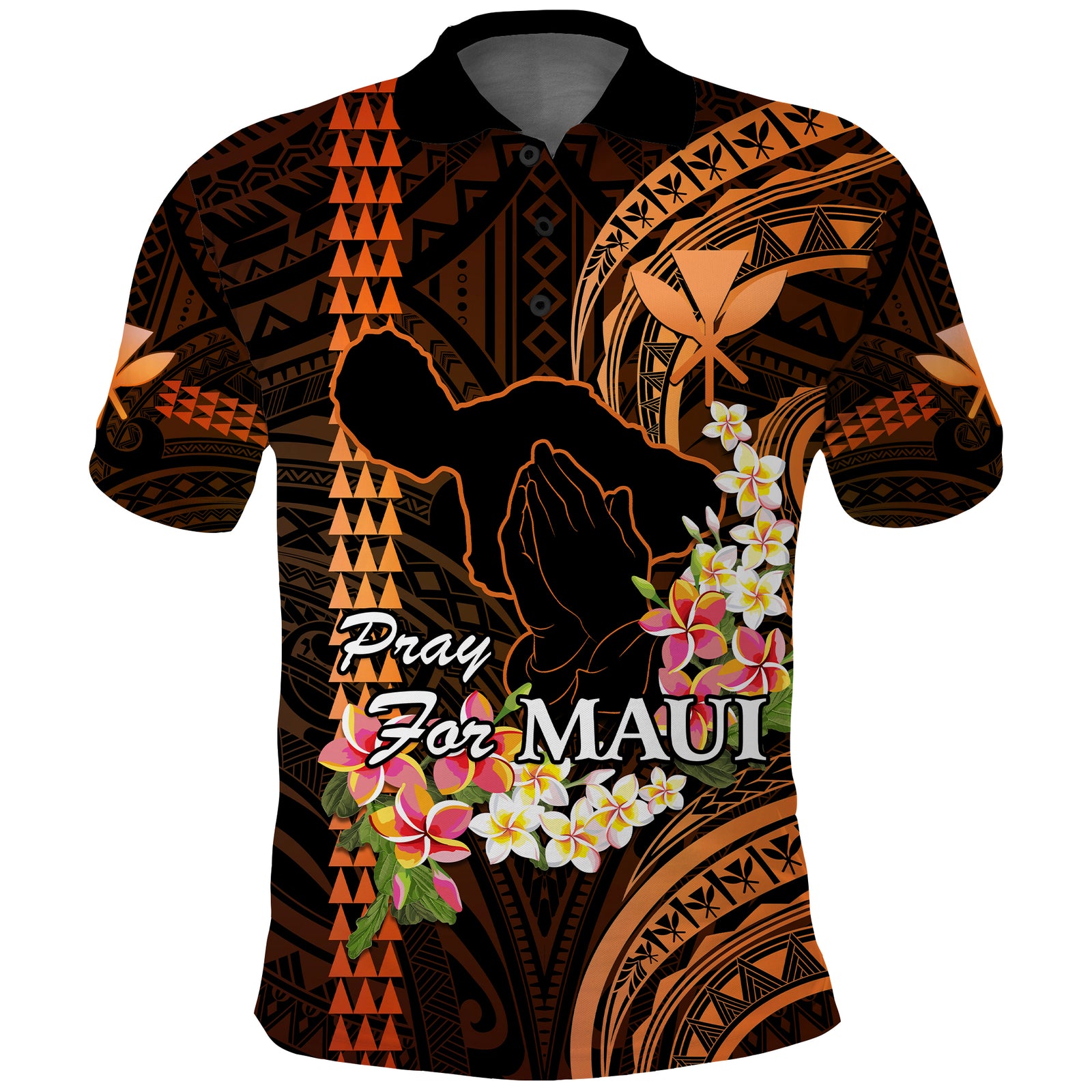 Hawaii Polo Shirt Pray For Maui Hawaiian Plumeria Pattern Gold Version LT14 Gold - Polynesian Pride