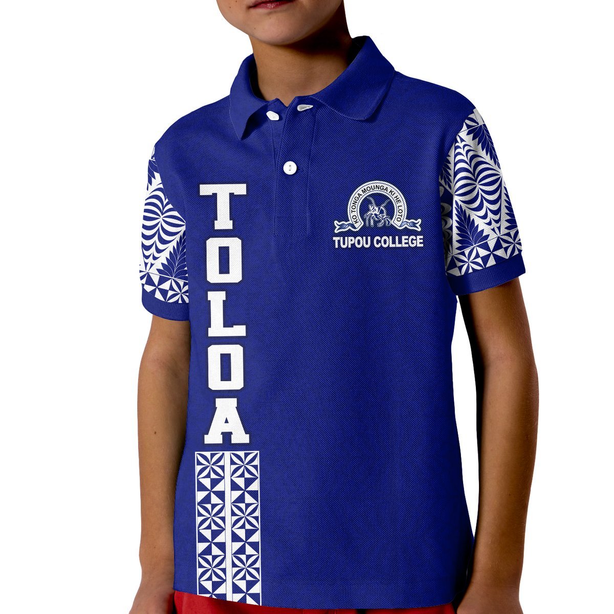 TOLOA Polo Shirt KID - Tupou College Tonga Pattern LT13 Unisex Blue - Polynesian Pride