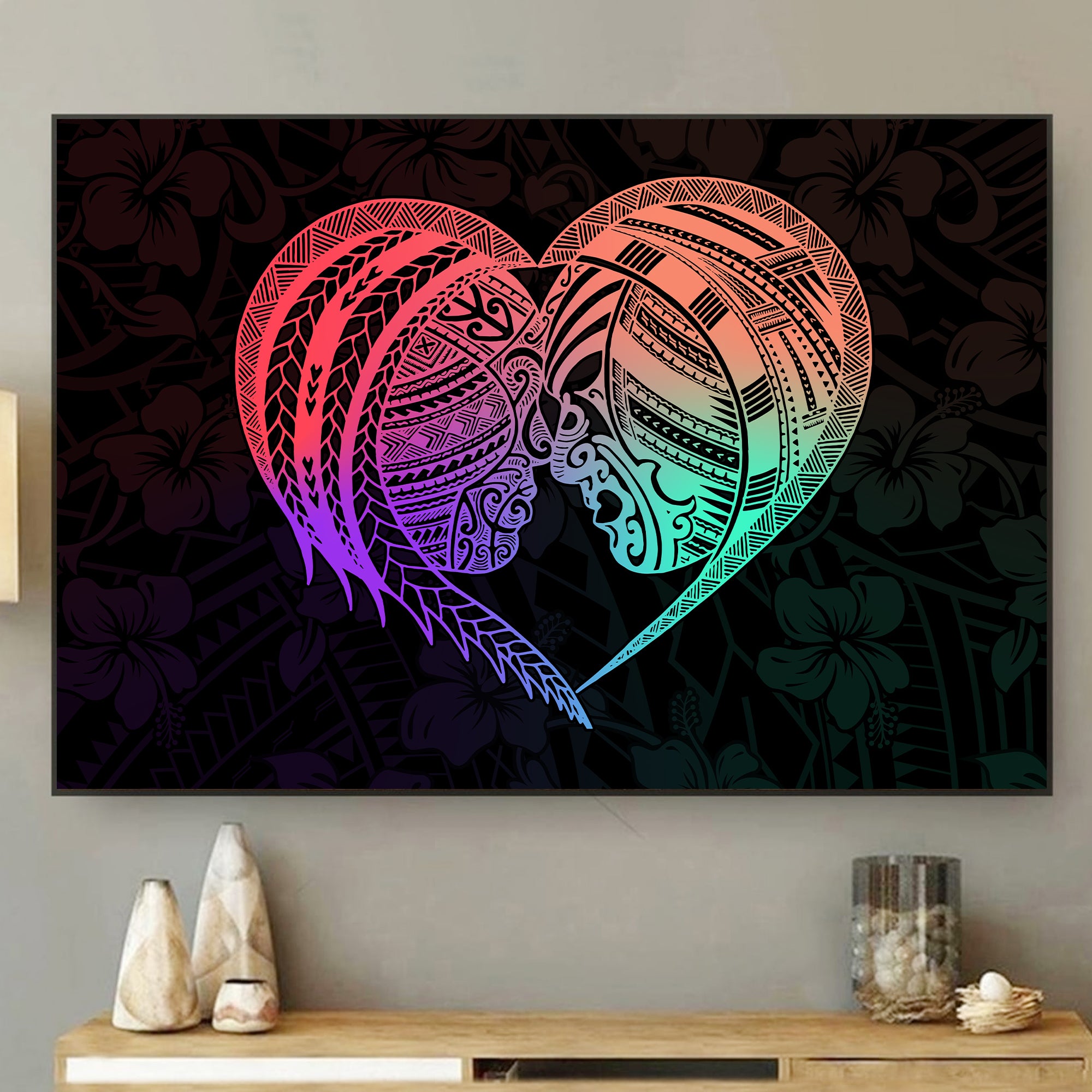 Polynesian Tribal Heart Tattoo Canvas Wall Art Pastel Version LT9 - Polynesian Pride