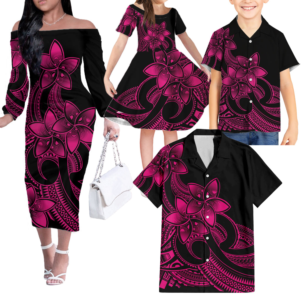 Polynesian Matching Outfit For Family Plumeria Flowers Off Shoulder Long Sleeve Dress Hawaiian Shirt Polynesian Tribal Pink Vibe LT9 - Polynesian Pride
